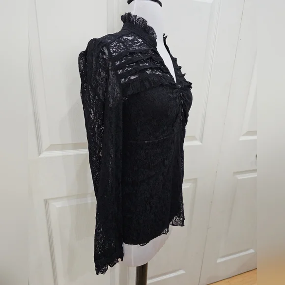 Apt 9 Black Lace v neck Ruffle Detail Long Sleeve Top Blouse S - Picture 4 of 8